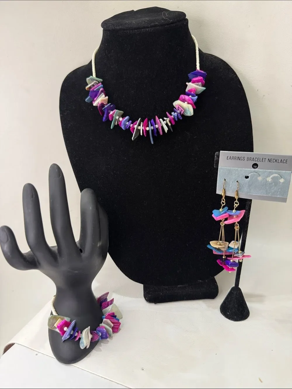 Multicolor Shell Chip Beads Gold Necklace Bracelet & Earring Set Pink & Purple
